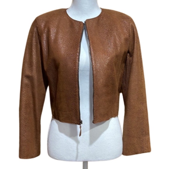 Oscar de la Renta Brown Copper Snakeskin Print Leather Jacket - EUC